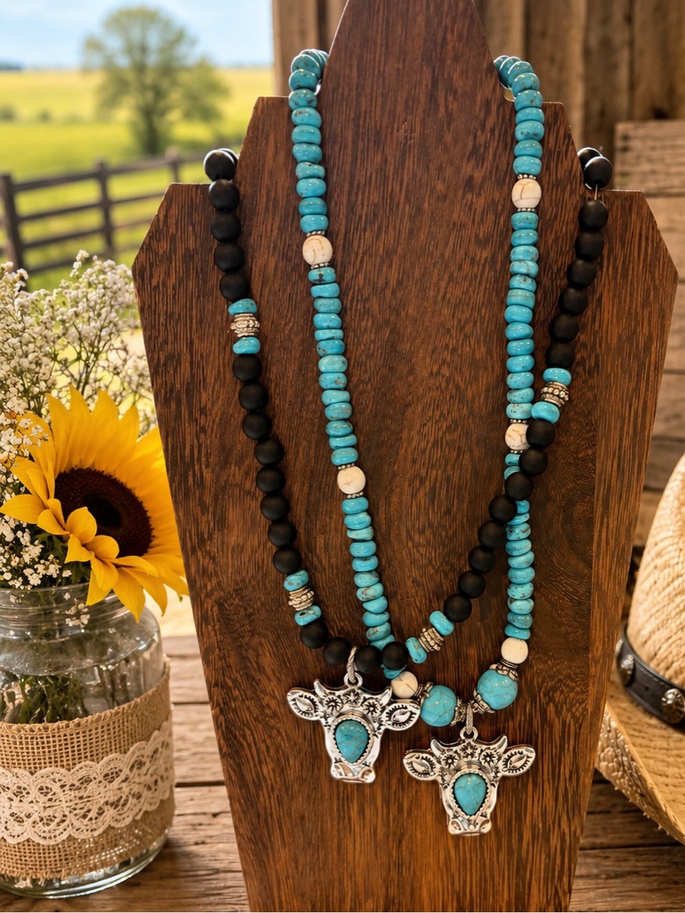 Turquoise OR Black Beaded Cow Pendant Necklace - Women's Jewelry